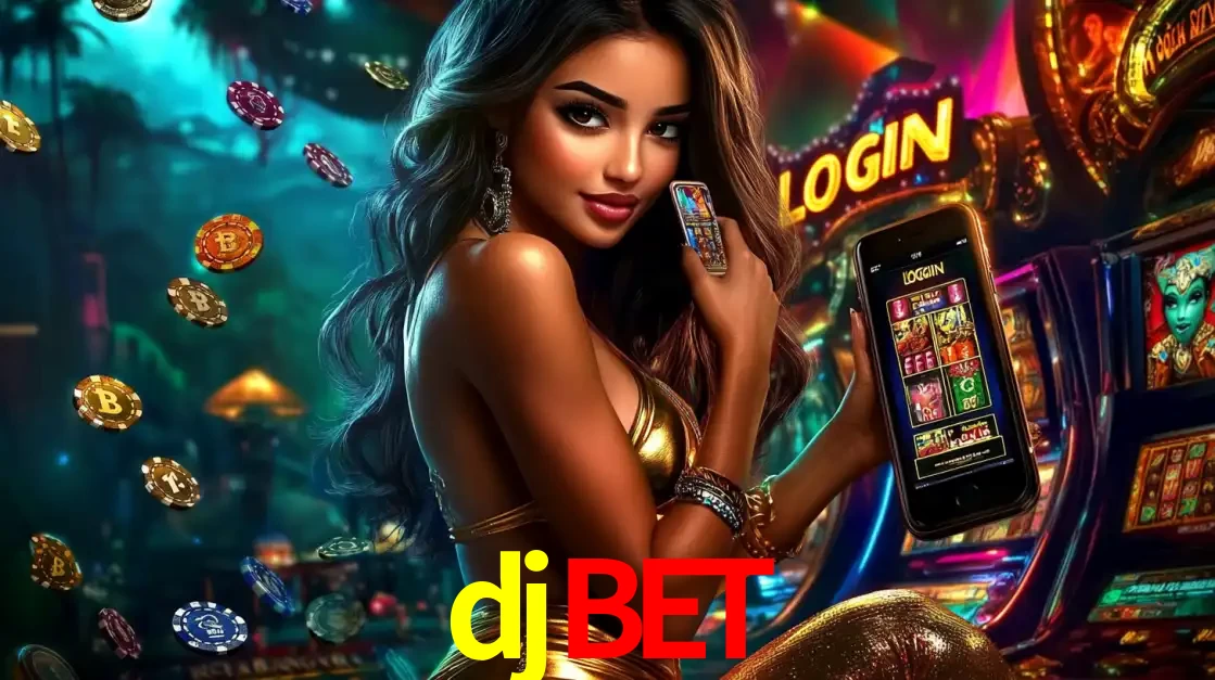 Mulher em um cenário de cassino temático de aventura, mostrando o app de caça-níqueis da djbet no celular. Fichas de apostas flutuam ao redor.