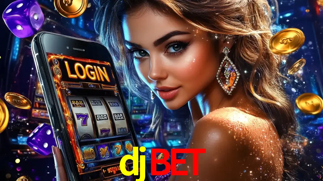 Mulher glamorosa segurando um smartphone com a tela de login para os jogos de caça-níqueis do cassino online djbet, com moedas de ouro e dados ao redor.