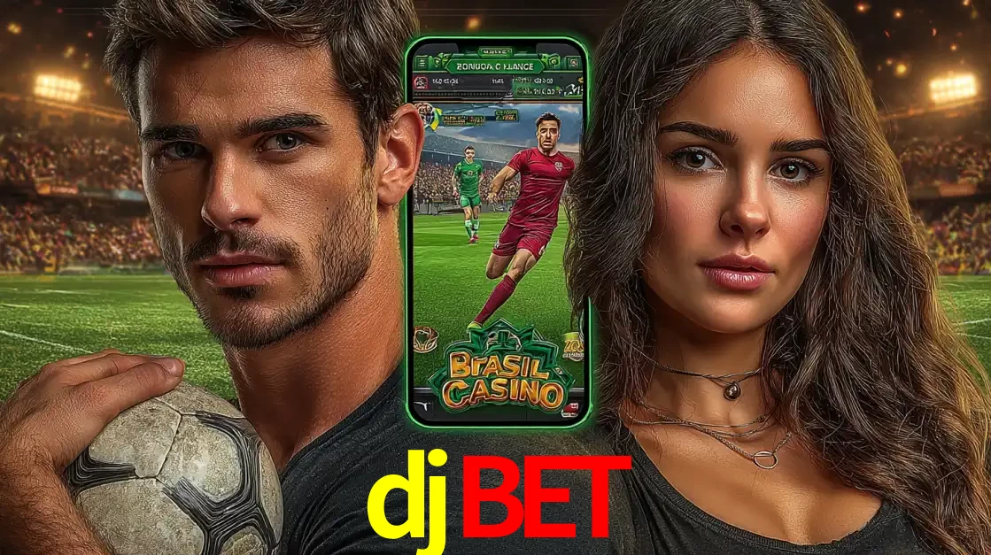 Homem segurando uma bola de futebol e uma mulher ao lado de um smartphone exibindo o jogo de apostas esportivas da djbet. Faça seu palpite no cassino online.
